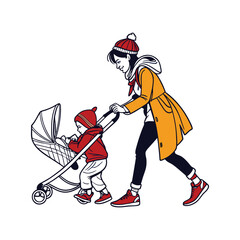 Mother and Toddler Walking with Stroller in Winter