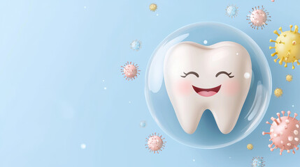 Cheerful cartoon tooth smiling confidently inside bubble, surrounded by colorful germs and viruses, represents dental health and hygiene. This playful image conveys sense of joy and protection
