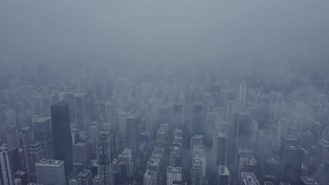 High-rise buildings barely visible through thick smog, reflecting consequences of unchecked industrialization.