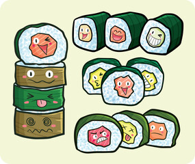 Cute and funny sushi cartoon character illustration set