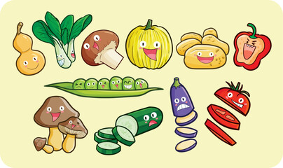 Kawaii and funny vegetables cartoon character illustration set