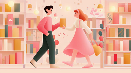 Two people meeting at bookshop exchanging book with warm lighting and soft colors