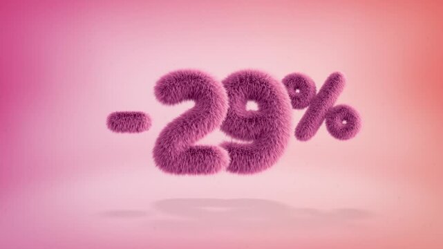 29% pink fluffy numbers and symbols on a simple gradient background with particles. Looping animation of 3D text countdown 29 percent sale