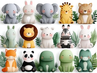 Watercolor cute cartoon baby jungle animals clip art, white background
