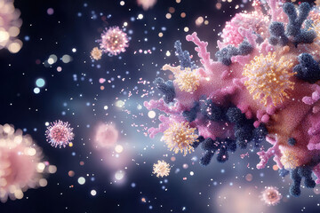 Colorful virus particles floating in dark background, creating mesmerizing and abstract representation of microscopic life. vibrant hues and intricate details evoke sense of wonder