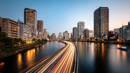 Digital Cityscape of Tokyo with River and Bridge, Long Exposure Car Light Streaks, Modern Urban Architecture along Chiyoda River at Sunset, Aerial View with Blue Gradient Theme