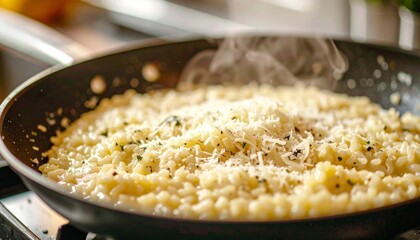 Creamy Risotto with Grated Cheese in a Pan