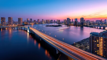 Digital Cityscape of Tokyo with River and Bridge, Long Exposure Car Light Streaks, Modern Urban Architecture along Chiyoda River at Sunset, Aerial View with Blue Gradient Theme