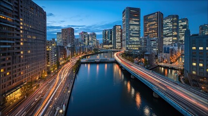 Digital Cityscape of Tokyo with River and Bridge, Long Exposure Car Light Streaks, Modern Urban Architecture along Chiyoda River at Sunset, Aerial View with Blue Gradient Theme