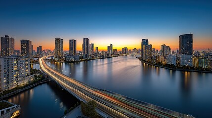 Digital Cityscape of Tokyo with River and Bridge, Long Exposure Car Light Streaks, Modern Urban Architecture along Chiyoda River at Sunset, Aerial View with Blue Gradient Theme