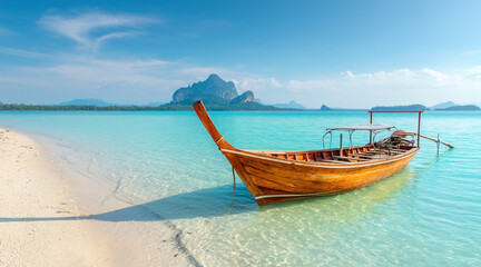 Obraz premium longtail boat on turquoise water in Thailand. Tropical landscape with boat and islands. Travel and vacation concept with copy space