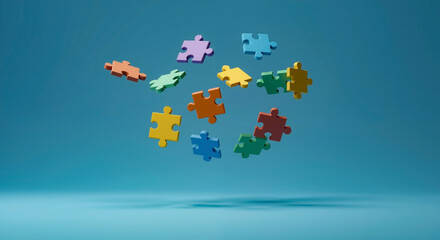 Colorful puzzle pieces floating against blue background. Autism awareness concept with scattered elements. Neurodiversity and inclusion. Support services, educational programs, healthcare initiatives