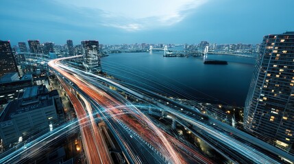 Digital Technology Background with Cityscape and River View, Long Exposure Light Trails, High-Speed Traffic in Tokyo Bay at Sunset, Aerial Wide Panorama