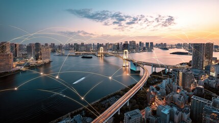 Digital Technology Background with Cityscape and River View, Long Exposure Light Trails, High-Speed Traffic in Tokyo Bay at Sunset, Aerial Wide Panorama