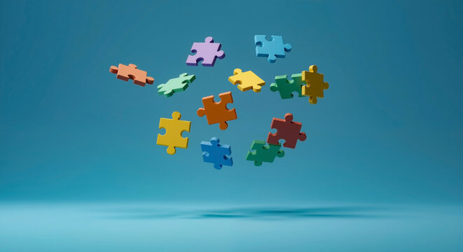 Colorful puzzle pieces floating against blue background. Autism awareness concept with scattered elements. Neurodiversity and inclusion. Support services, educational programs, healthcare initiatives