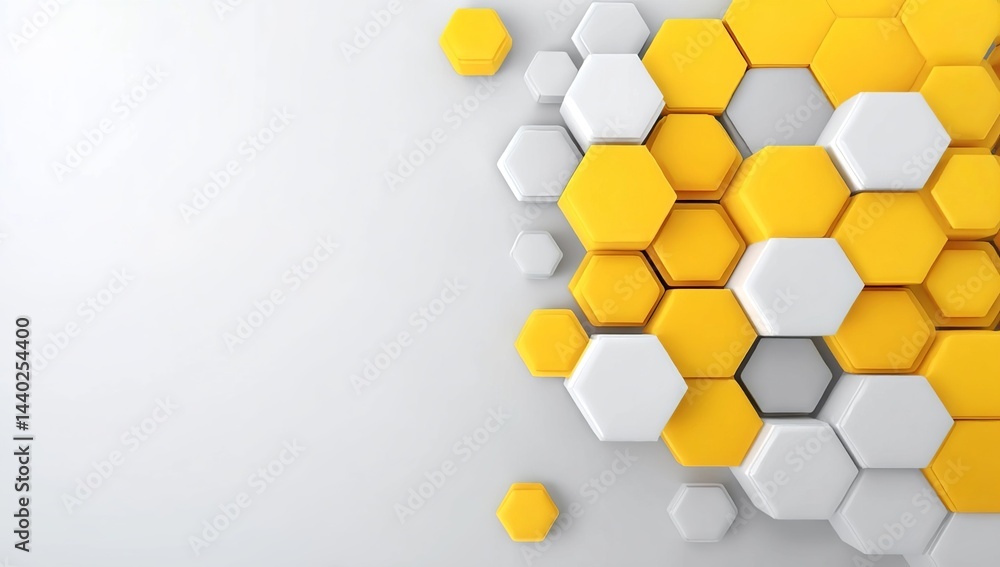 Poster 3d rendering of a yellow and white hexagon background. white space for text or design on the right