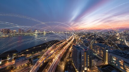Digital Technology Background with Cityscape and River View, Long Exposure Light Trails, High-Speed Traffic in Tokyo Bay at Sunset, Aerial Wide Panorama