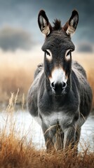 Donkey stands proudly in field with tall grass near water during overcast afternoon