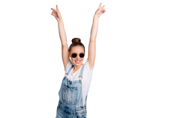 Portrait of funny funky girl with eyeglasses eyewear raising v-signs wearing white t-shirt denim jeans overalls isolated over blue background