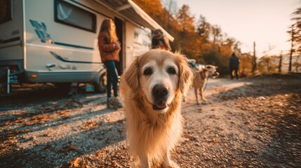 Friendly Dog Walking and Running with Owners in Camper Trailer, Golden Retriever and Labrador