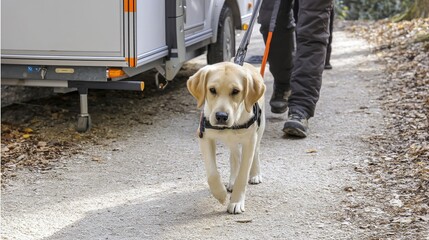 Friendly Dog Walking and Running with Owners in Camper Trailer, Golden Retriever and Labrador