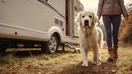 Friendly Dog Walking and Running with Owners in Camper Trailer, Golden Retriever and Labrador