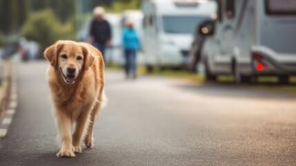 Friendly Dog Walking and Running with Owners in Camper Trailer, Golden Retriever and Labrador
