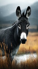 Fototapeta premium Black and white donkey standing in a field during a cloudy day with tall grass in the background