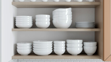 Distinctive white ceramic bowls and plates are systematically arranged on wooden shelves in a minimalist kitchen located in a contemporary home. Design highlights simplicity and elegance. 3d render