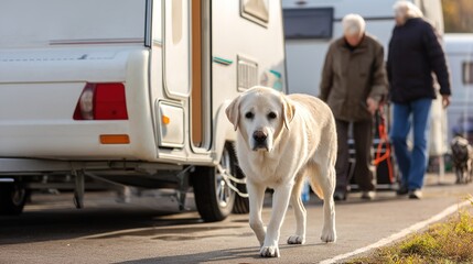 Friendly Dog Walking and Running with Owners in Camper Trailer, Golden Retriever and Labrador