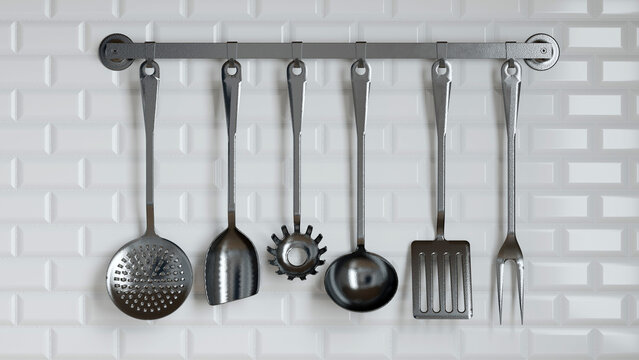 collection of sleek metal kitchen utensils is displayed on a rack against a textured white wall, showcasing various tools used for cooking and food preparation. 3d render