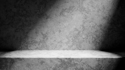 Minimalistic background features a textured wall with a soft light illuminating a clear surface. This setting is ideal for showcasing products or art pieces, providing a neutral atmosphere. 3d render