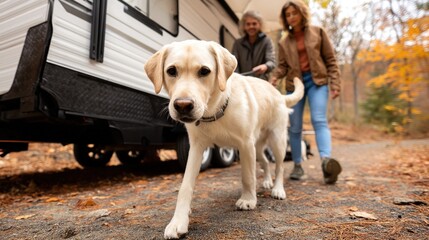 Friendly Dog Walking and Running with Owners in Camper Trailer, Golden Retriever and Labrador