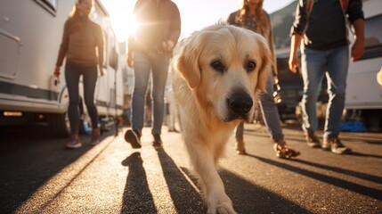 Friendly Dog Walking and Running with Owners in Camper Trailer, Golden Retriever and Labrador
