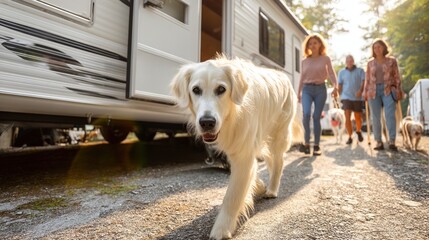 Friendly Dog Walking and Running with Owners in Camper Trailer, Golden Retriever and Labrador