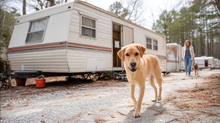 Friendly Dog Walking and Running with Owners in Camper Trailer, Golden Retriever and Labrador