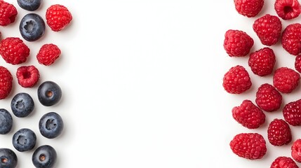 Blueberries and raspberries arranged on white background, leaving space in the center