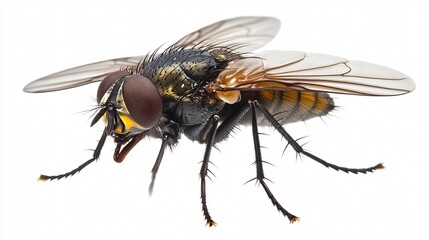 Macro close-up of a detailed housefly with segmented body and intricate wings