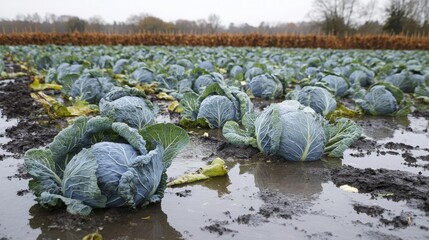 Rows of cabbage plants damaged by standing floodwater in agricultural fields, with compacted soil preventing drainage, causing destruction of vegetable crops and soil degradation after heavy rain.