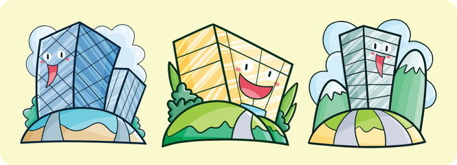 Cute and funny hotels cartoon character illustration set