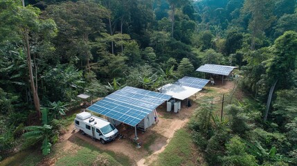 Solar Panels in Green Forest for Sustainable Energy Concept, Eco-Friendly Solar Power