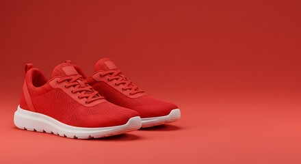 ai image showcases a pair of vibrant red mesh athletic sneakers with clean white soles, displayed against a matching red background