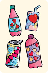 Funny and lovely pink beverage packaging cartoon illustration set