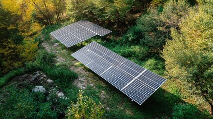 Solar Panels in Green Forest for Sustainable Energy Concept, Eco-Friendly Solar Power