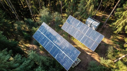 Solar Panels in Green Forest for Sustainable Energy Concept, Eco-Friendly Solar Power