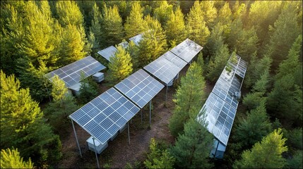 Solar Panels in Green Forest for Sustainable Energy Concept, Eco-Friendly Solar Power