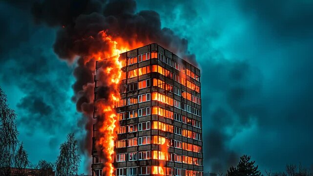 Dramatic Fire Engulfs Urban Building at Nighttime with Smoke