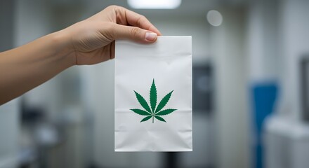 ai image depicts a hand holding a white paper bag featuring a green cannabis leaf symbol, against a blurred dispensary-like background