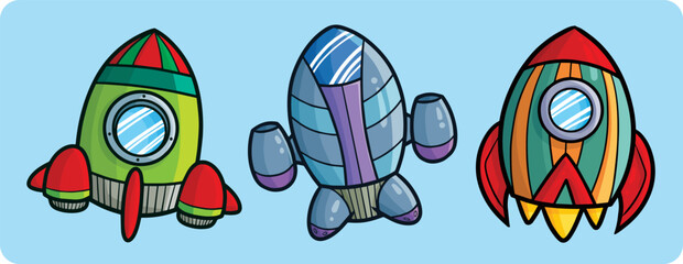 Funny modern rounded rocket cartoon illustration set