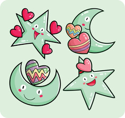 Funny and cute green star and moon with heart cartoon character illustration set